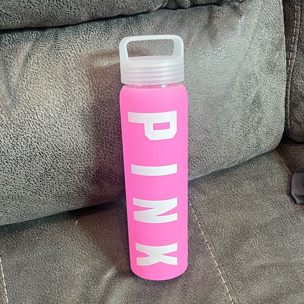 Victoria's Secret Pink Collegiate Screw on Top Pink Silicone Sleeve Glass Bottle